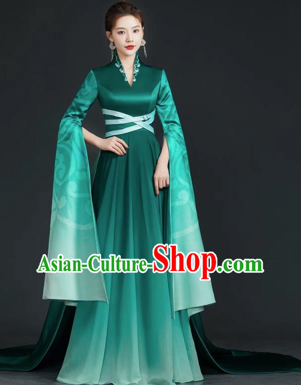 China Style Top Catwalk Evening Dress Trailing Long Model Team Stage Performance Clothing Art Test Dress Green