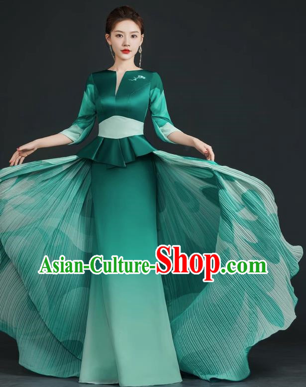China Style Top Catwalk Evening Dress Trailing Long Model Team Stage Performance Clothing Art Test Dress Green