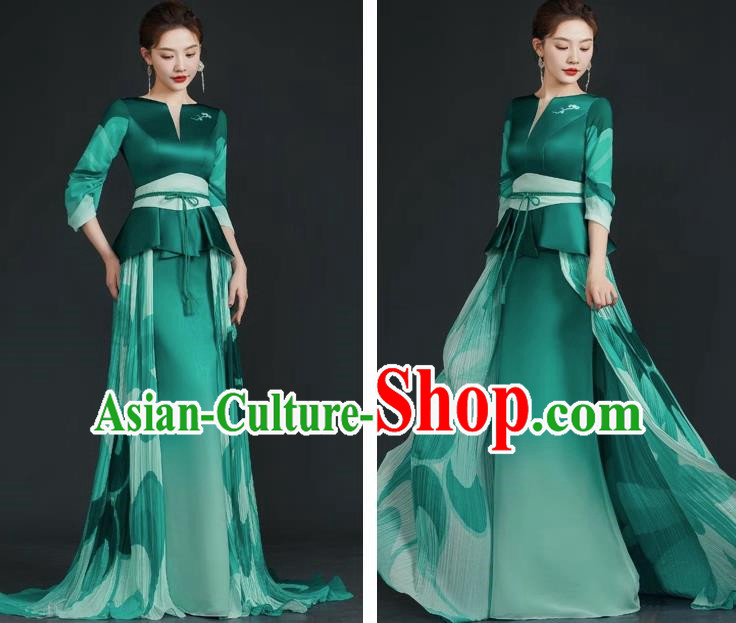 China Style Top Catwalk Evening Dress Trailing Long Model Team Stage Performance Clothing Art Test Dress Green