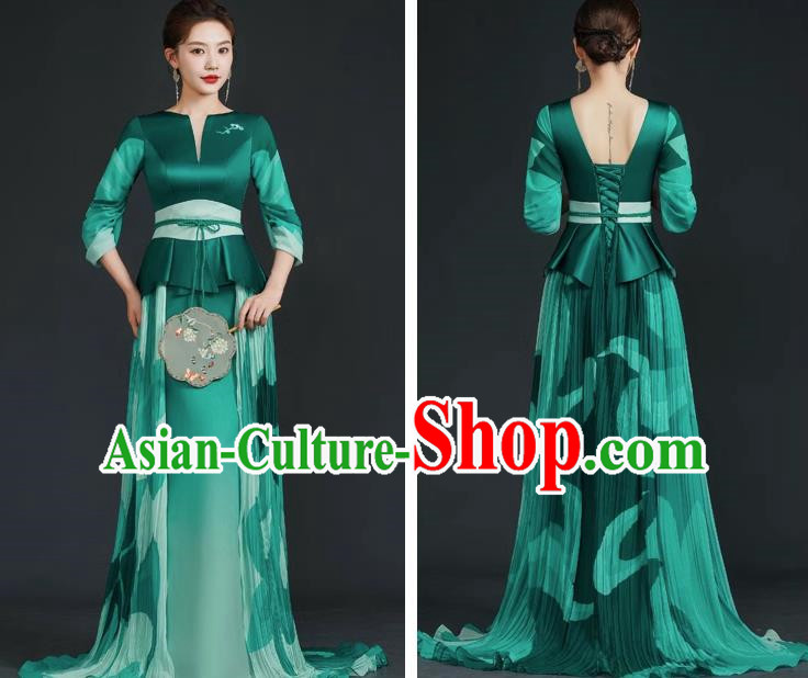 China Style Top Catwalk Evening Dress Trailing Long Model Team Stage Performance Clothing Art Test Dress Green