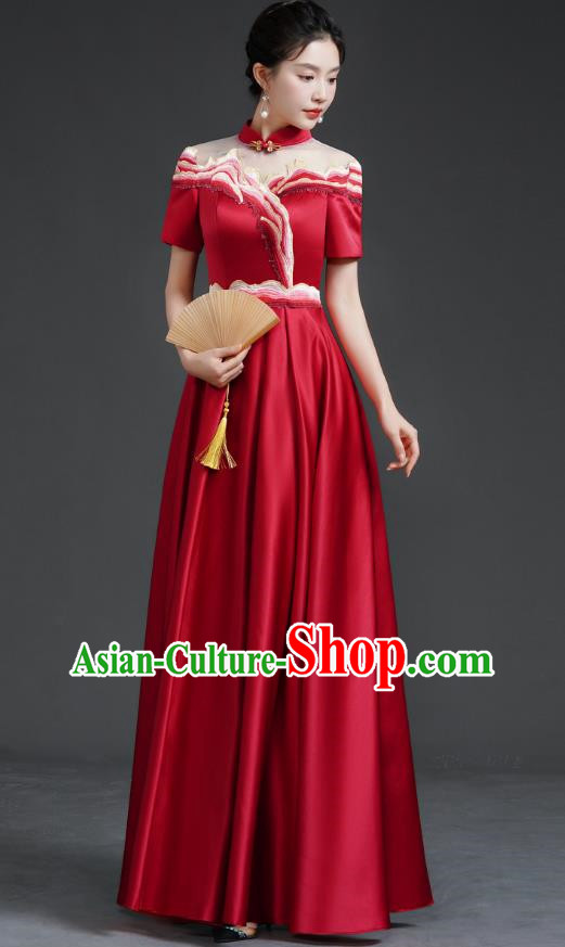 Chinese Banquet Evening Dress Choir Stage Model Catwalk Costume Wine Red