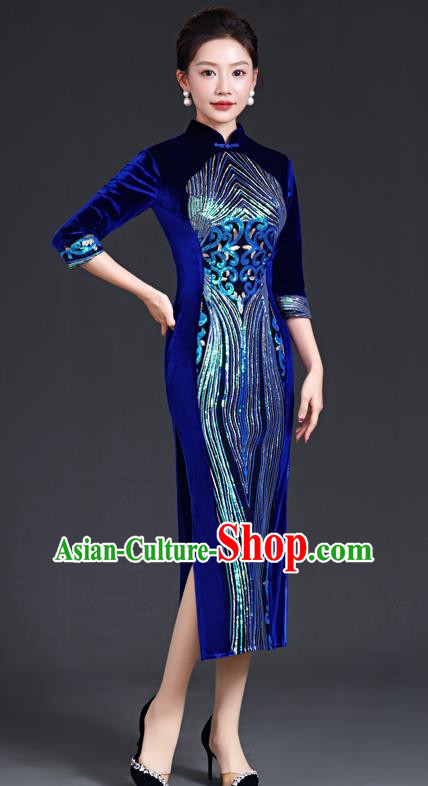 Chinese Style Sapphire Blue Catwalk Cheongsam Long Three Quarter Sleeve Velvet Mother Model Team Costume