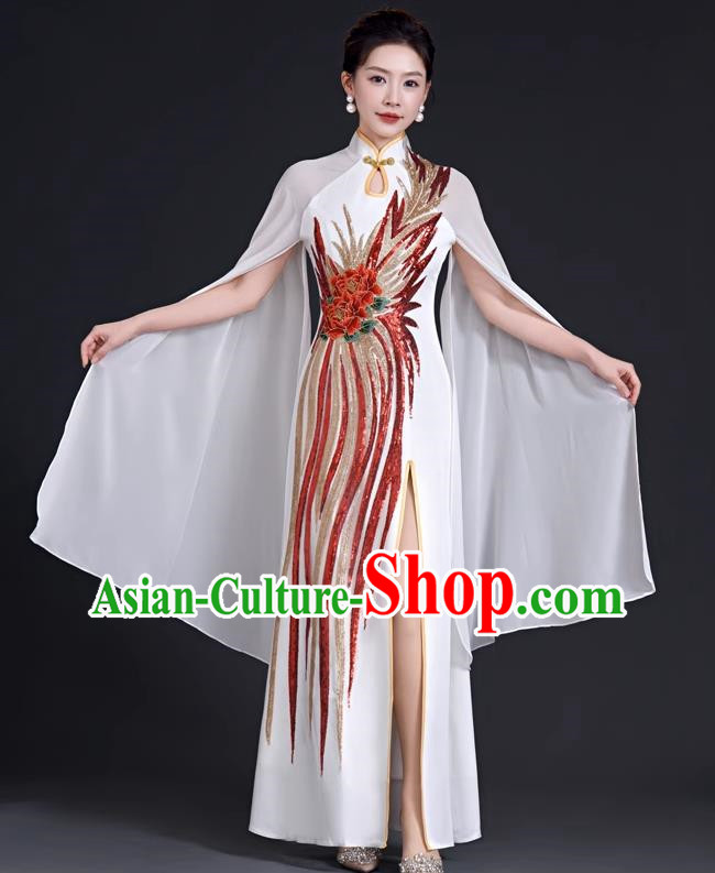 Chinese Style Top Evening Dress Mermaid Long Model Team Stage Catwalk Costume Cheongsam White