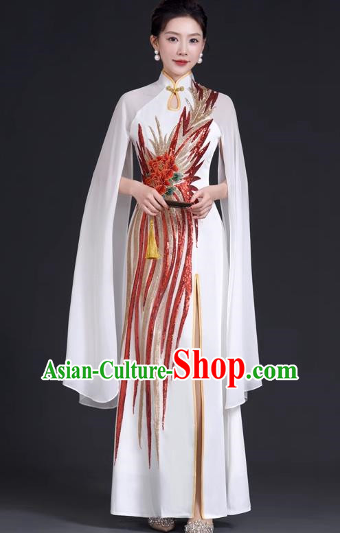 Chinese Style Top Evening Dress Mermaid Long Model Team Stage Catwalk Costume Cheongsam White