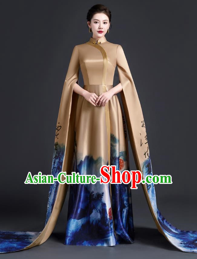 Chinese Style Top Atmospheric Model Catwalk Costumes Long Art Examination Cheongsam Dress Exaggerated Long Sleeved Host Clothing