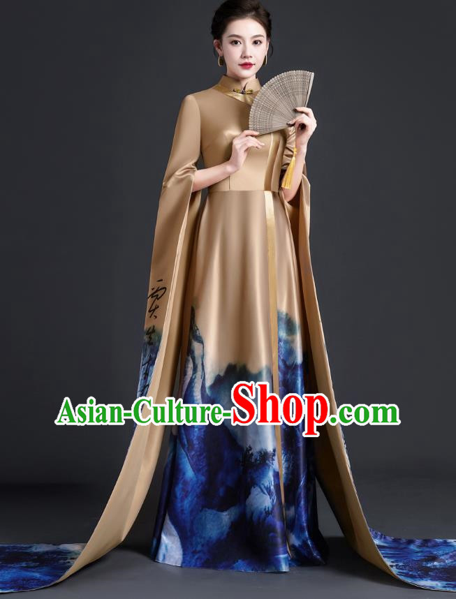 Chinese Style Top Atmospheric Model Catwalk Costumes Long Art Examination Cheongsam Dress Exaggerated Long Sleeved Host Clothing