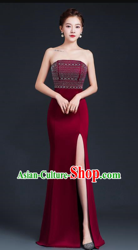 Sexy Wine Red Banquet Tube Top Evening Dress Women High Level Fishtail Dress Skirt