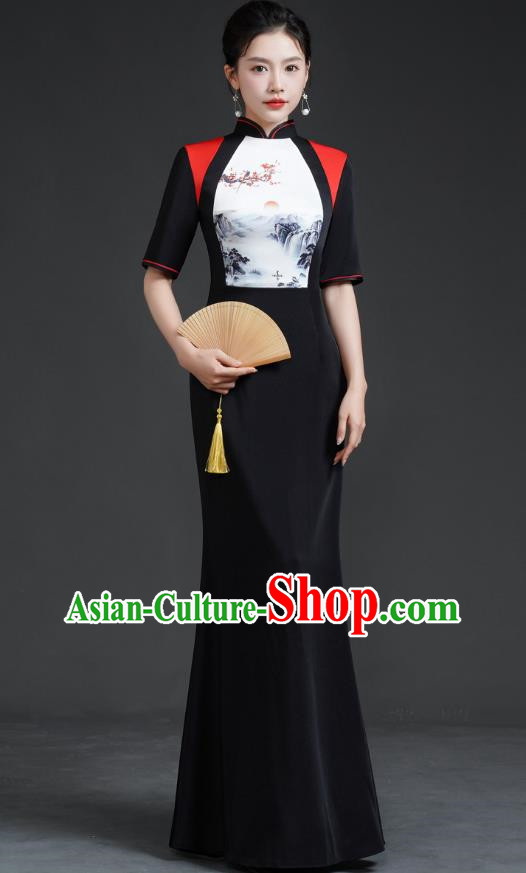 Chinese Catwalk Style Cheongsam Long Black Fishtail Slim Stage Performance Costume Banquet Evening Dress