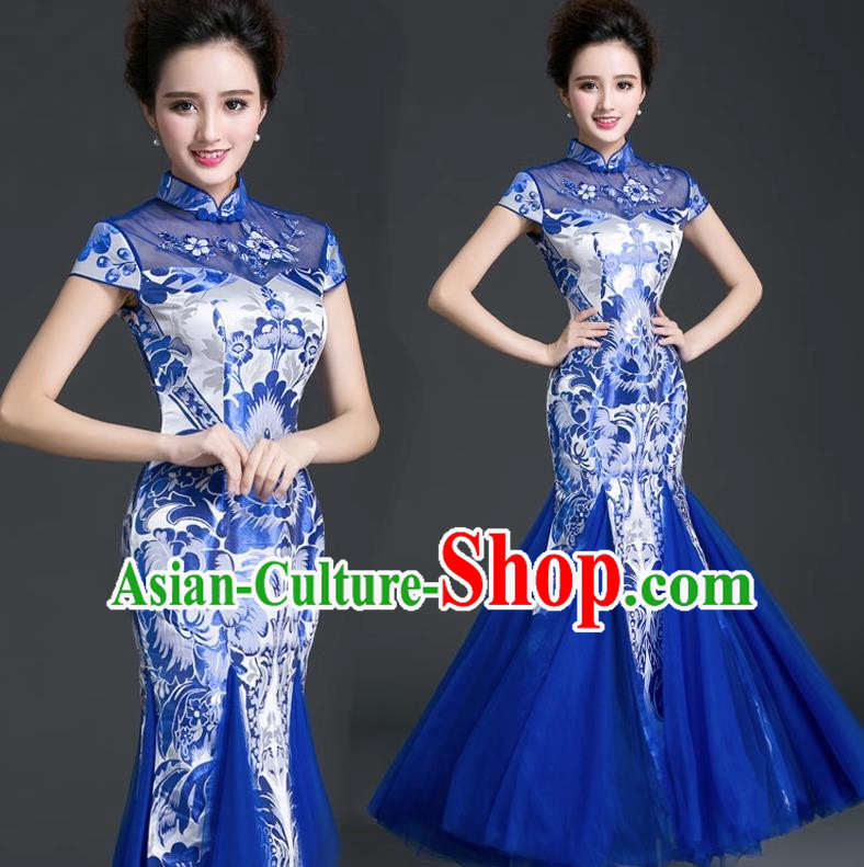 Chinese Style Cheongsam Evening Dress Long Fishtail Self Cultivation Annual Meeting Model Catwalk Costume Blue And White Porcelain