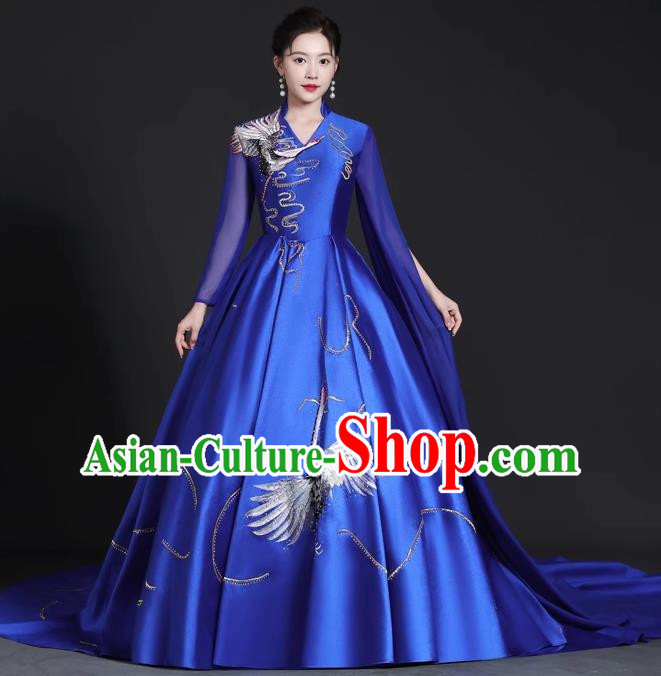 Chinese Style Top Trailing Evening Dress Model Catwalk Cheongsam Performance Costume Guzheng Playing Host Dress Blue