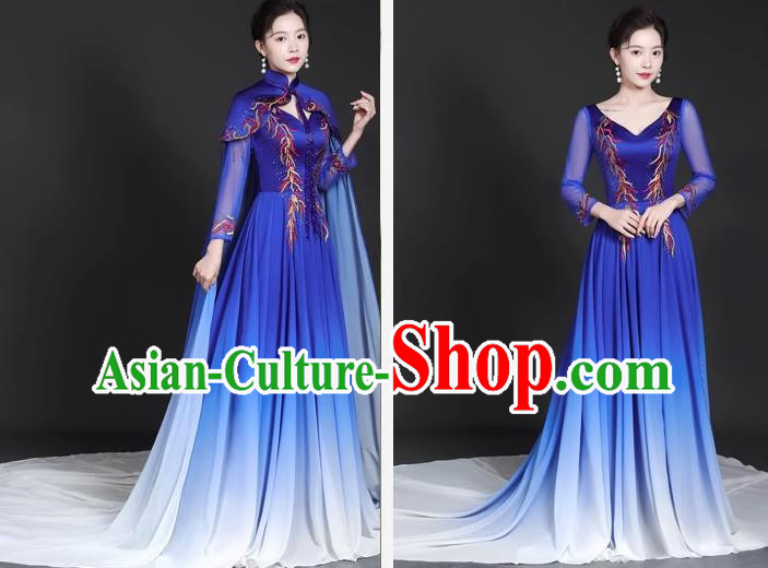Chinese Style Top Trailing Evening Dress Model Catwalk Cheongsam Performance Costume Guzheng Playing Host Dress Blue