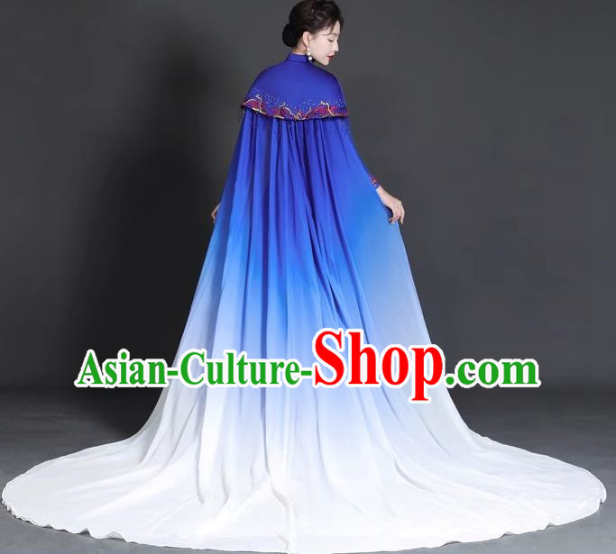 Chinese Style Top Trailing Evening Dress Model Catwalk Cheongsam Performance Costume Guzheng Playing Host Dress Blue