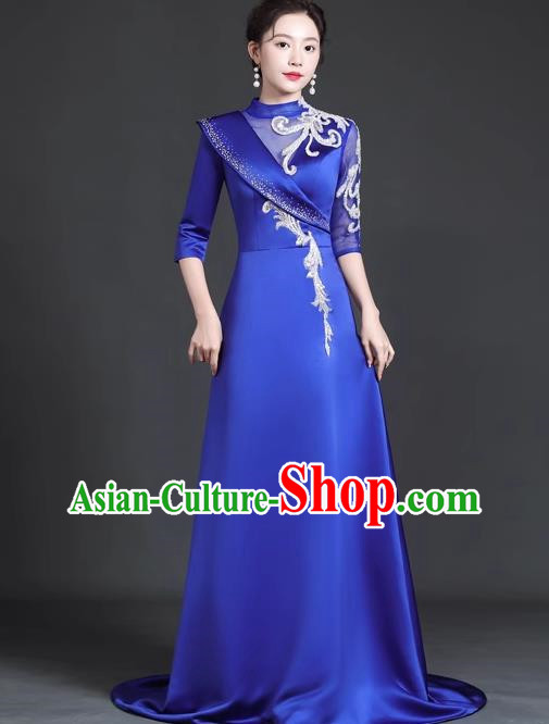 Chinese Style Top Trailing Evening Dress Model Catwalk Cheongsam Performance Costume Guzheng Playing Host Dress Blue