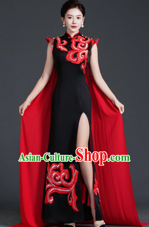 Retro Top Cheongsam Banquet Evening Dress Fishtail Slit Slim Catwalk Costume Cape