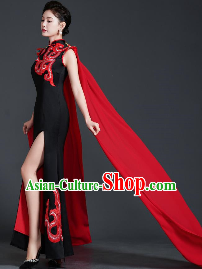 Retro Top Cheongsam Banquet Evening Dress Fishtail Slit Slim Catwalk Costume Cape