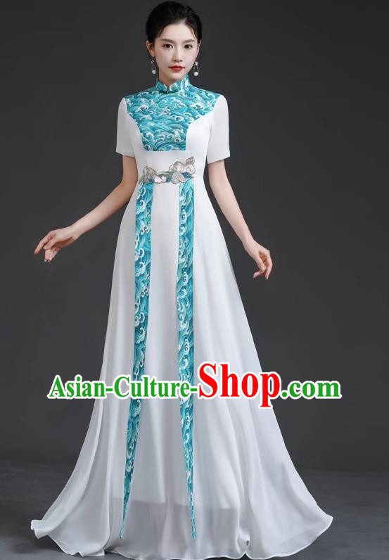 Chinese Style Top Retro Banquet Evening Dress Long White Large Chorus Model Catwalk Costume Chiffon Skirt
