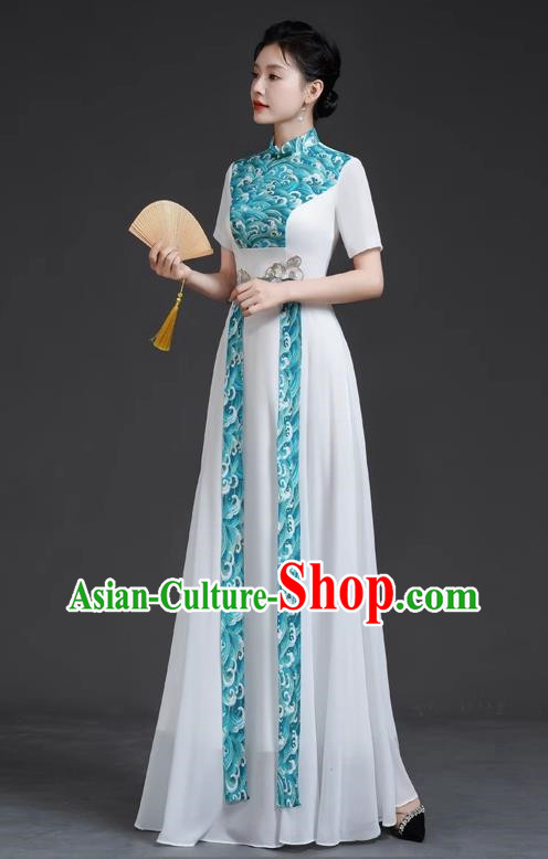 Chinese Style Top Retro Banquet Evening Dress Long White Large Chorus Model Catwalk Costume Chiffon Skirt