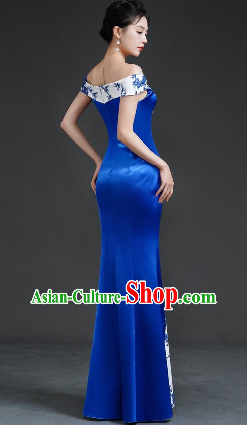 Chinese Retro Blue And White Porcelain Catwalk Cheongsam Performance Costume Long Fishtail Slim Top One Shoulder Evening Dress