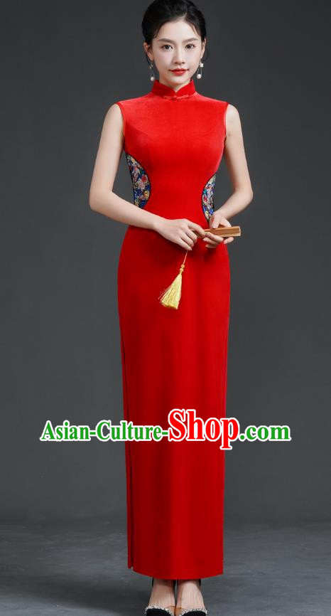 Top Long Catwalk Cheongsam Red Velvet Mother Dress Wedding Dress Model Team Stage Costume