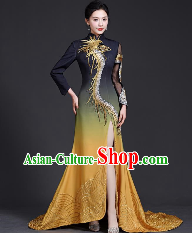 Chinese Style Top Banquet Evening Dress Trailing Long Stage Model Catwalk Cheongsam Costume Fishtail Slit