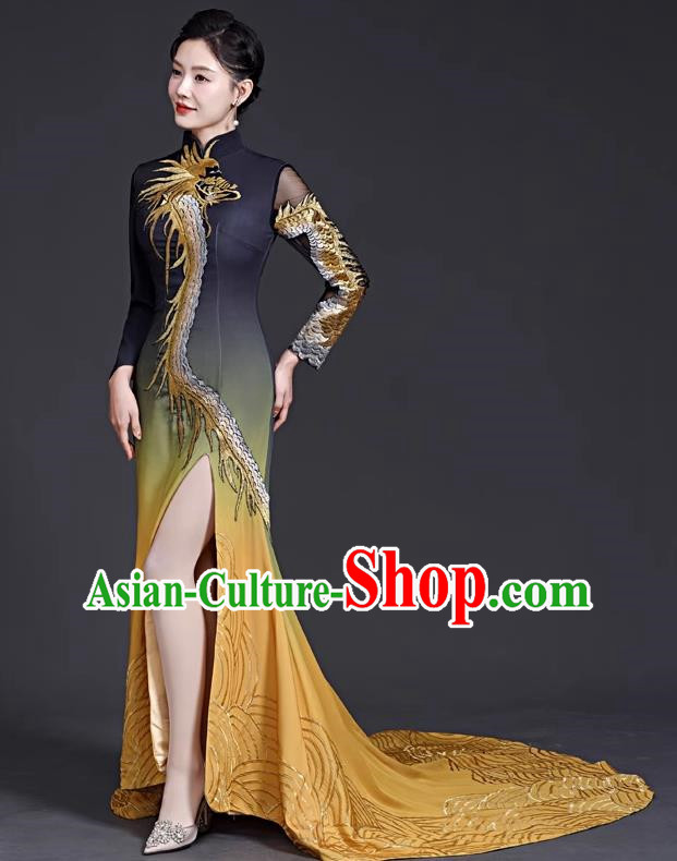 Chinese Style Top Banquet Evening Dress Trailing Long Stage Model Catwalk Cheongsam Costume Fishtail Slit