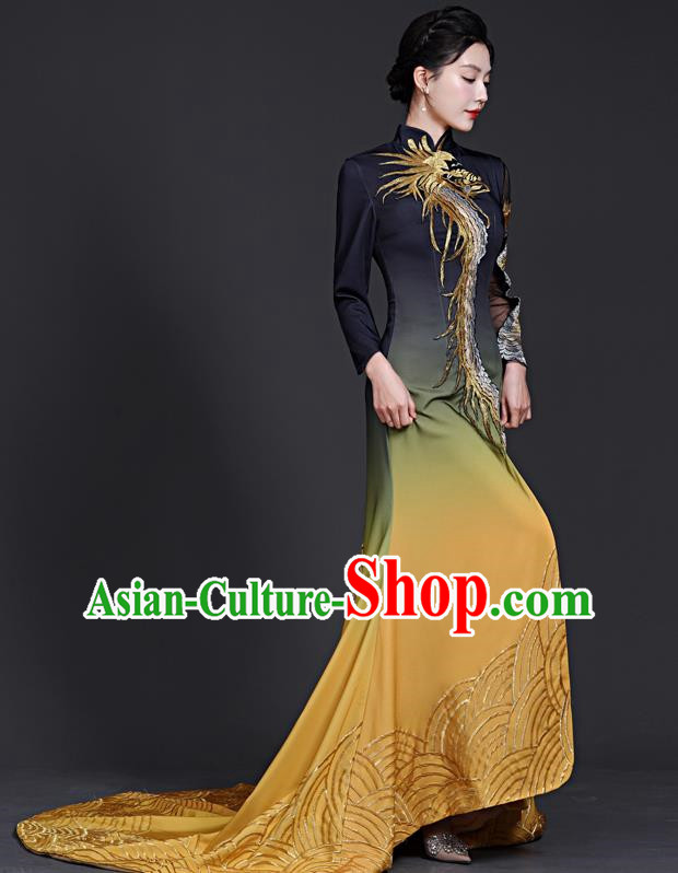 Chinese Style Top Banquet Evening Dress Trailing Long Stage Model Catwalk Cheongsam Costume Fishtail Slit