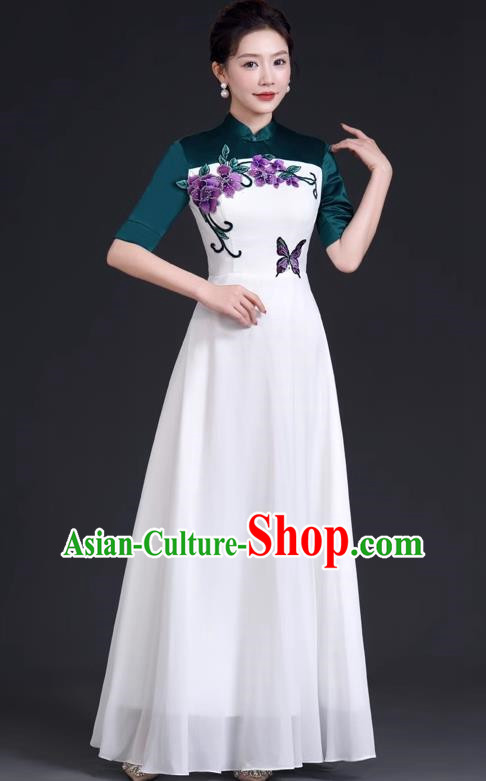 Chinese Style Top Dress Stage Choir Catwalk Cheongsam Performance Clothing Chiffon Long Skirt Hit Color