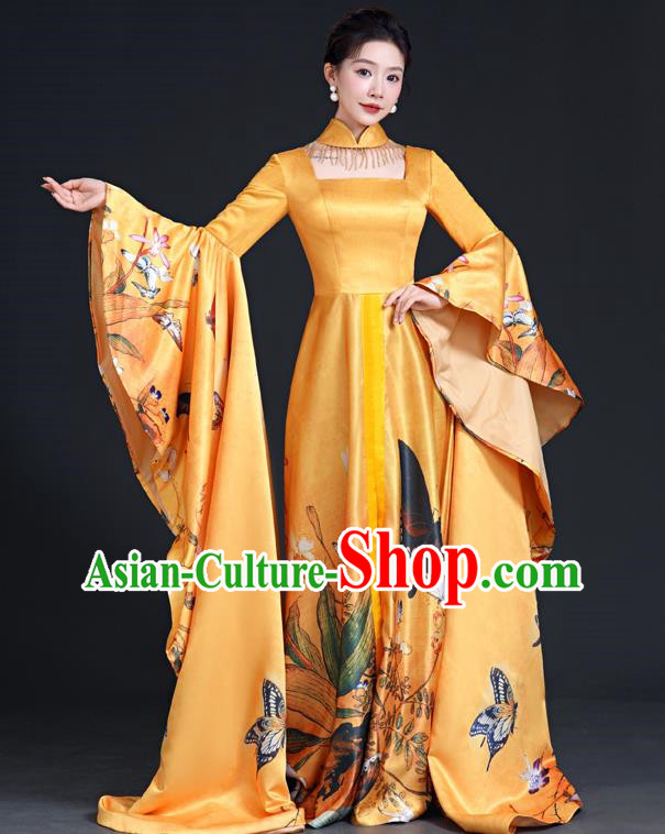 Chinese Fashion Top Catwalk Evening Dress Atmosphere Art Examination Vocal Performance Host Dress Model Cheongsam Long Costumes