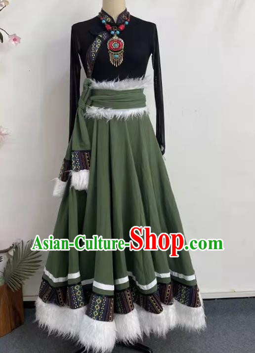 Black Olive Green Tibetan Dance Women Big Swing Skirt Tibetan Clothing Minority Practice Clothing Art Test Practice Performance Clothing