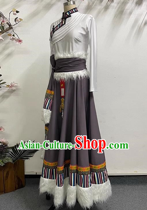 White Brown Tibetan Dance Women Large Swing Skirt Tibetan Clothing Minority Practice Clothing Art Test Practice Performance Clothing