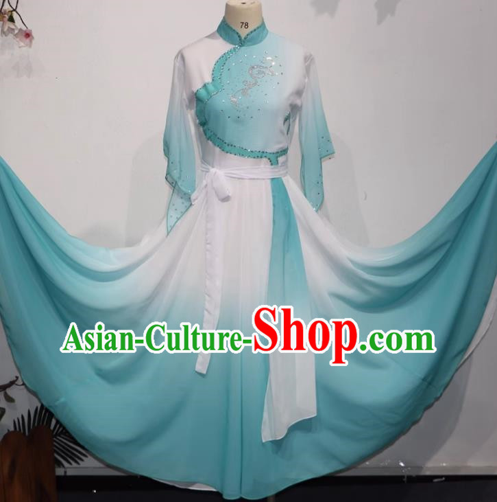 Light Green Dance Students Such As Summer Flowers with Dress Fan Dance Practice Skills Examination Jiaozhou Yangko Dance Costumes Performance Costumes
