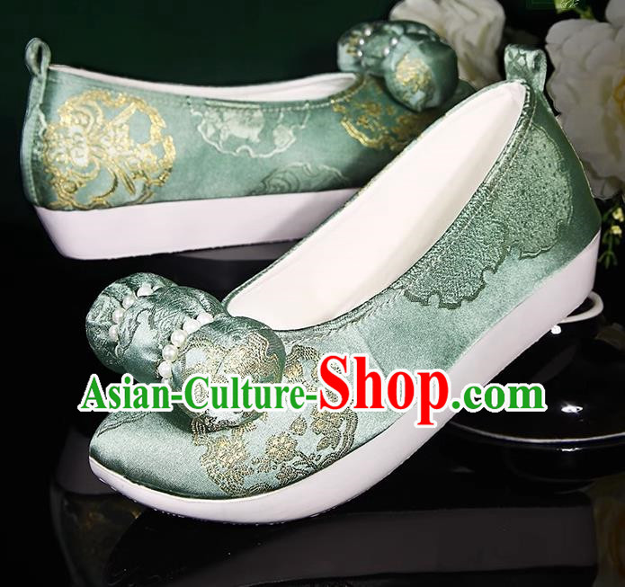 Light Green Hanfu Shoes Women Original Ancient Style Inner Heightening Round Toe Soft Sole Shoes Ming System Horse Face Climbing Cloud Shoes
