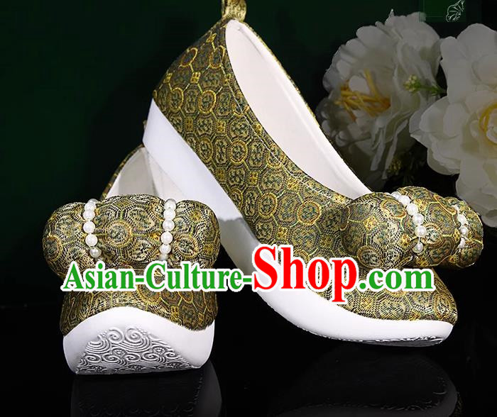 Yellow Green Hanfu Shoes Women Original Ancient Style Inner Heightened Round Toed Soft Soled Shoes Ming Made Horse Faced Cloud Shoes