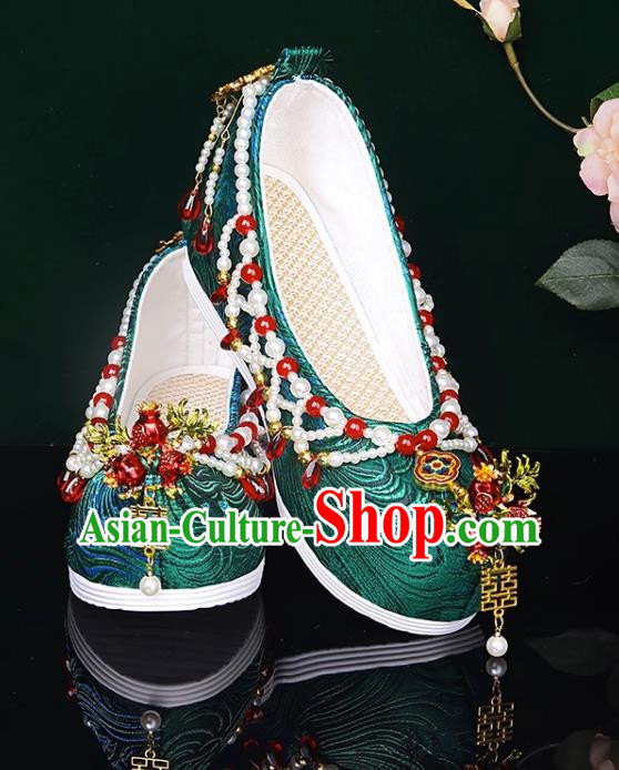 Handmade Beaded Hanfu Shoes Women Inner Increase High School Heel Cloth Shoes Ancient Costume Xiuhe Wedding Shoes Green