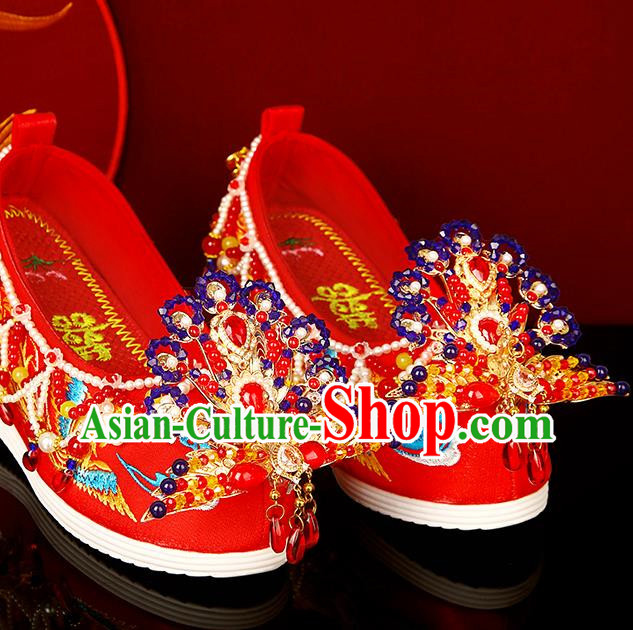 Wedding Shoes Female Bride Phoenix Chinese Style Heavy Industry Beaded Red Embroidered Shoes Pearls