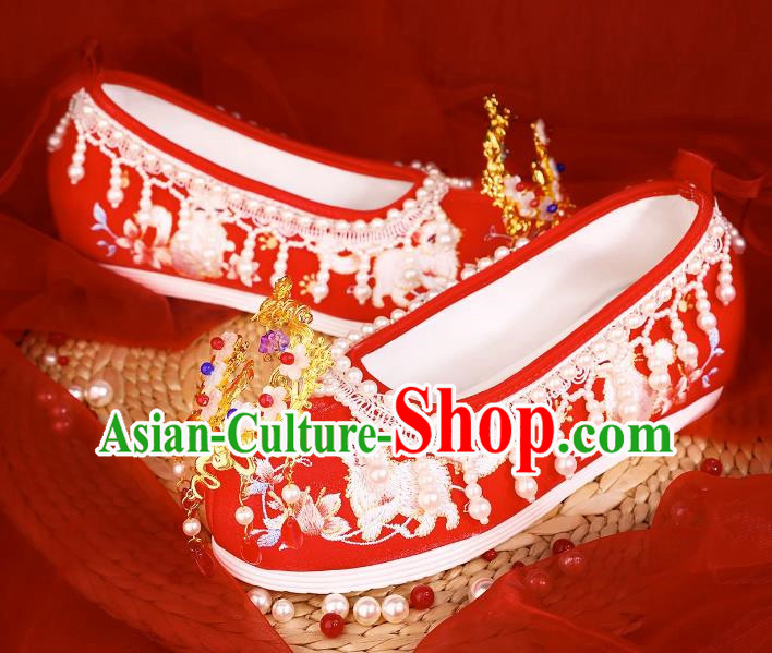 Xiuhe Wedding Shoes Women Embroidered Beaded Pearl Wedding Women Shoes Bridal Shoes