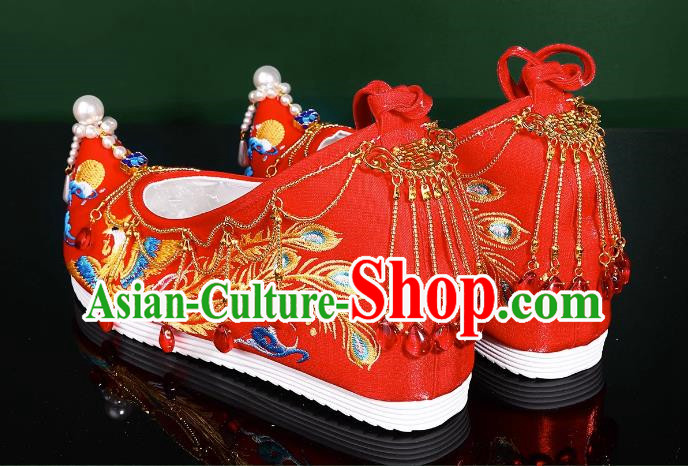 Hanfu Wedding Shoes Women Bow Shoes Xiuhe Shoes Are Red Beaded Tassel Chinese Wedding Shoes Embroidered Phoenix