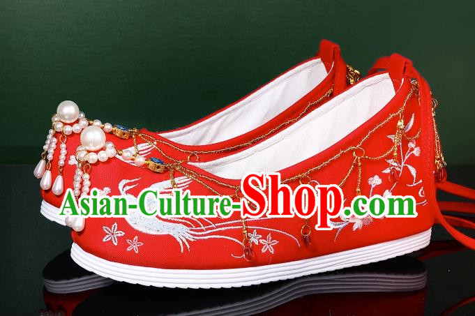 Hanfu Wedding Shoes Women Bow Shoes Xiuhe Shoes Are Red Beaded Tassel Chinese Wedding Shoes Embroidery