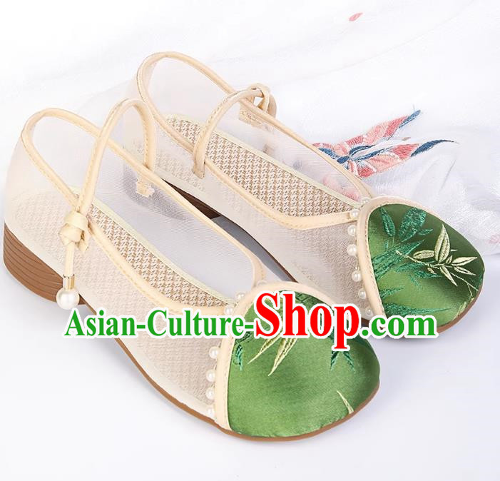 Sandals Pearl Round Toe Buckle Mesh Breathable Sandals Women Antique Hanfu Shoes