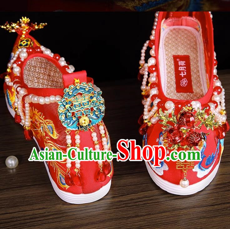 Hanfu Wedding Shoes Women Inner Height Increase Breathable Wedding Xiuhe Shoes Are Red