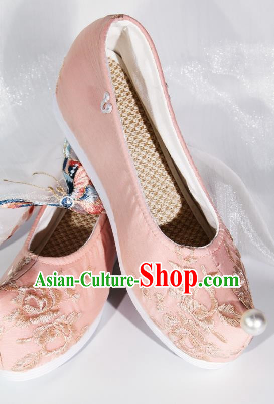 Embroidered Hanfu Shoes Pink Pearl Height Increase