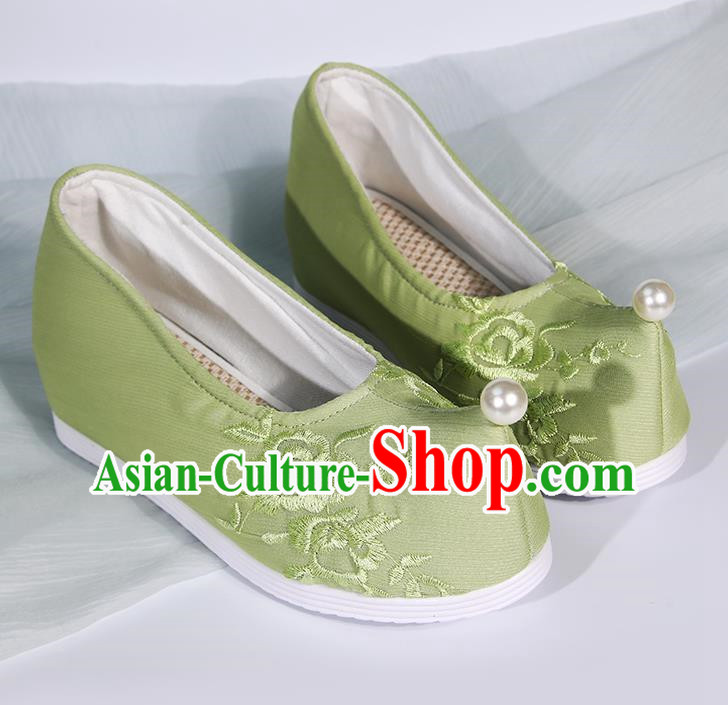 Embroidered Hanfu Shoes Women Green Pearl Inner Height Increase