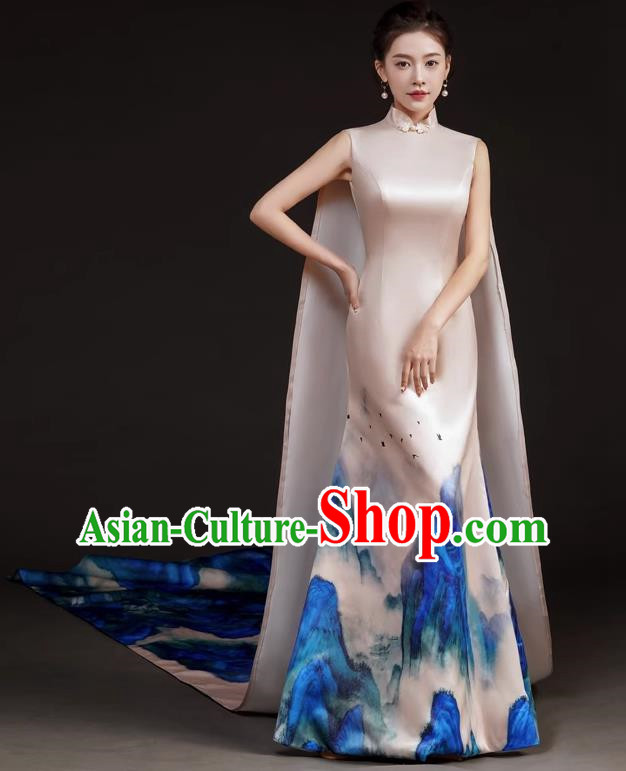 Chinese Design High End Long Tailed Performance Costume Art Test Host Fishtail Dress A Thousand Miles Of Rivers And Mountains Catwalk