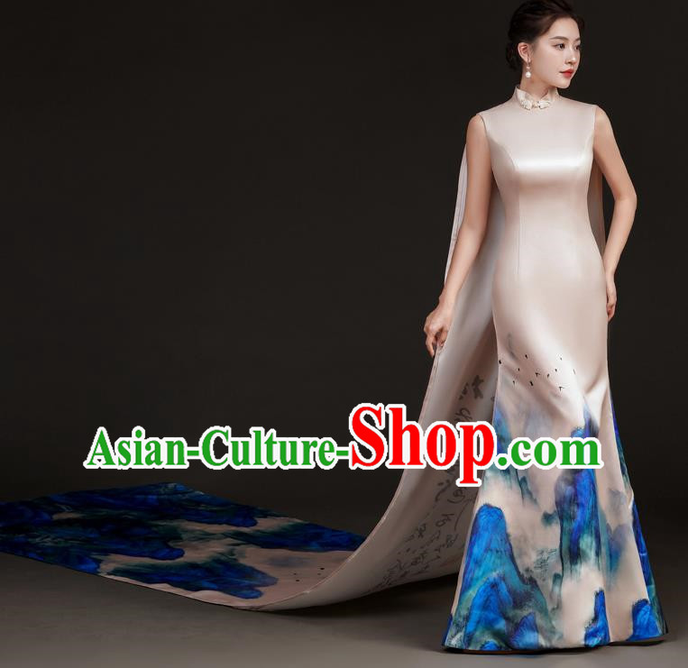 Chinese Design High End Long Tailed Performance Costume Art Test Host Fishtail Dress A Thousand Miles Of Rivers And Mountains Catwalk