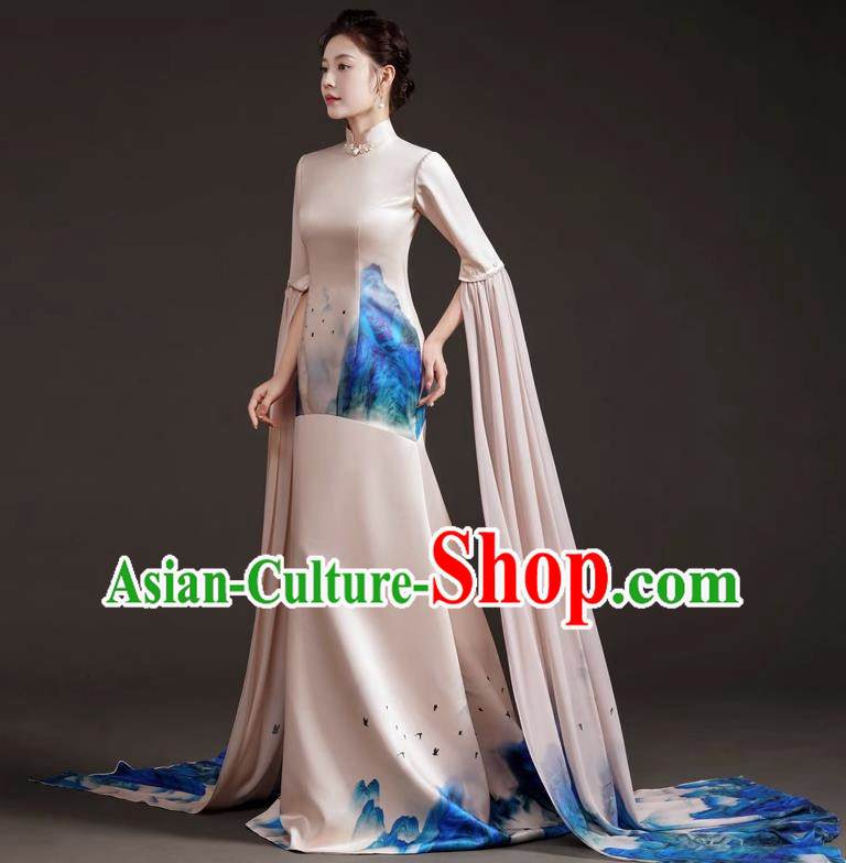 High End Small Trailing Costumes Water Sleeve Art Test Solo Guzheng Playing Dress Mermaid Model Catwalk