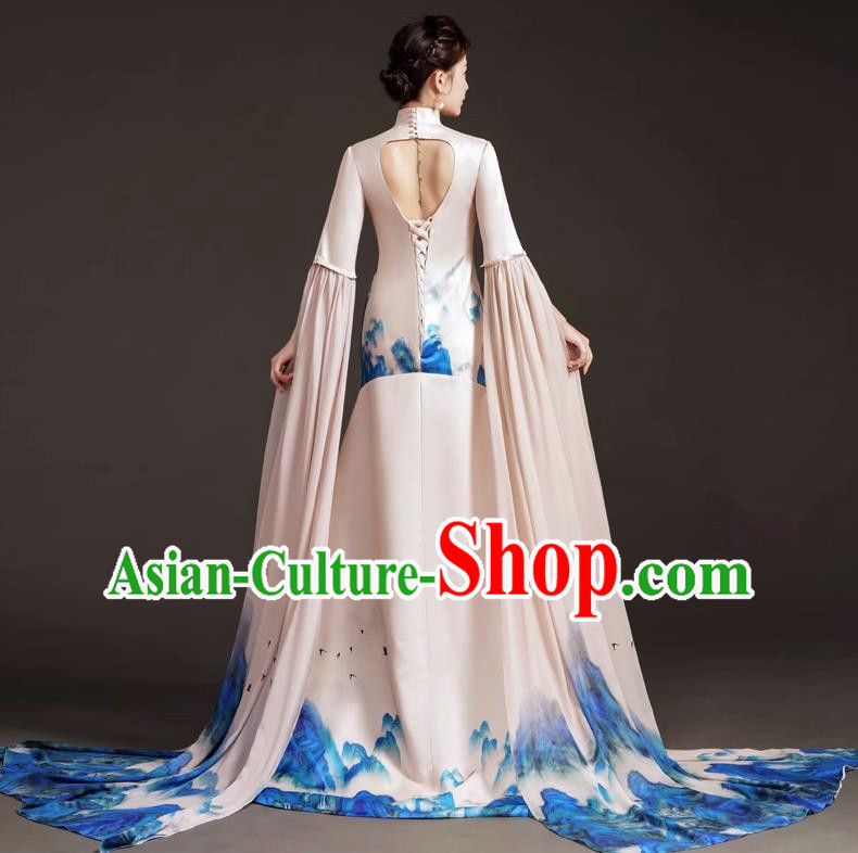 High End Small Trailing Costumes Water Sleeve Art Test Solo Guzheng Playing Dress Mermaid Model Catwalk