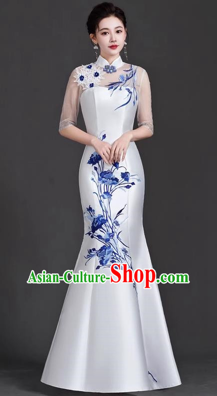 Chinese Design Cheongsam Evening Dress Elegant High End Catwalk Mermaid Retro Host Costume Blue And White Porcelain