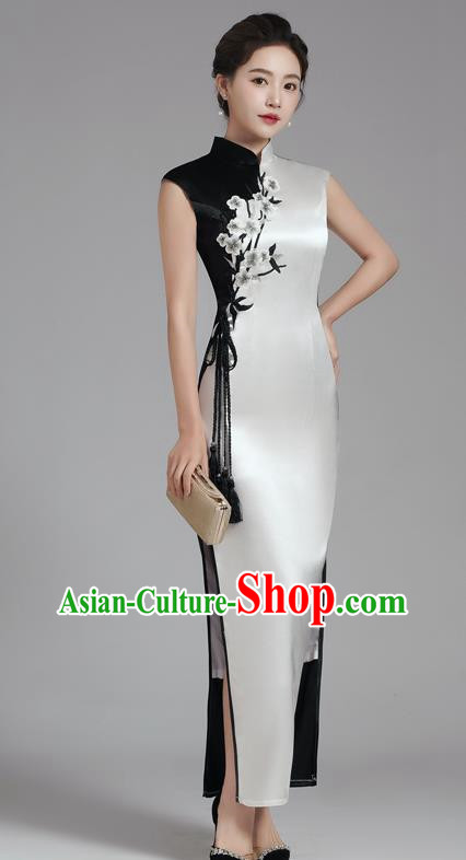 Catwalk Cheongsam Noble Daily Long Etiquette Cheongsam Skirt Performance Clothing Black And White Contrast Color