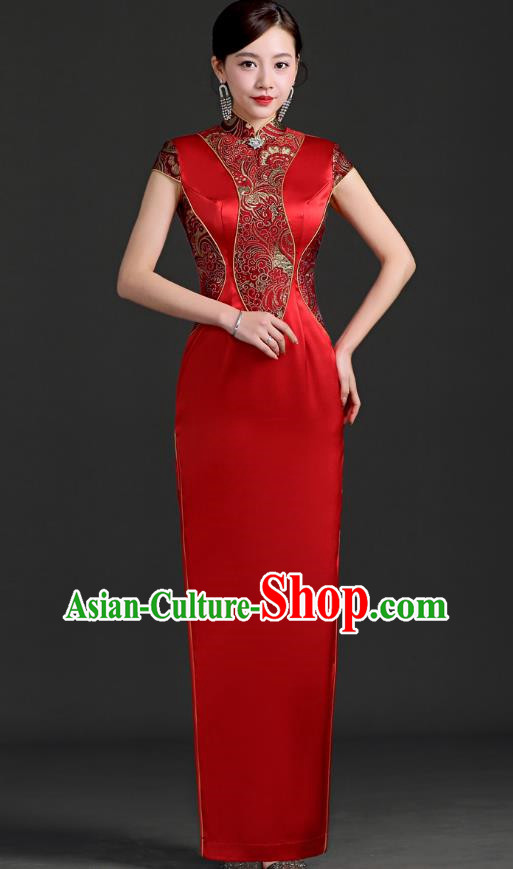 Chinese Design Improved Red Wedding Cheongsam Long Catwalk Performance Clothing Daily Cheongsam Dress