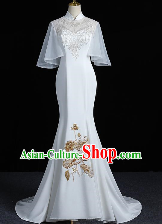 Chinese Design High End Evening Dress Trailing White Long Catwalk Costume Fishtail Slim Fit Mid Sleeve Annual Meeting Dress Skirt